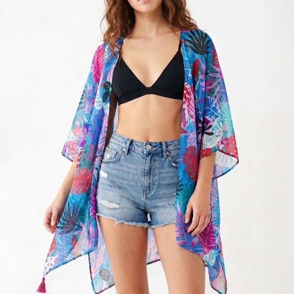 MADDEN NYC Kimono OS Ruana Floral Sheer Tassel Boho Beach Cover-Up Resort Cruise